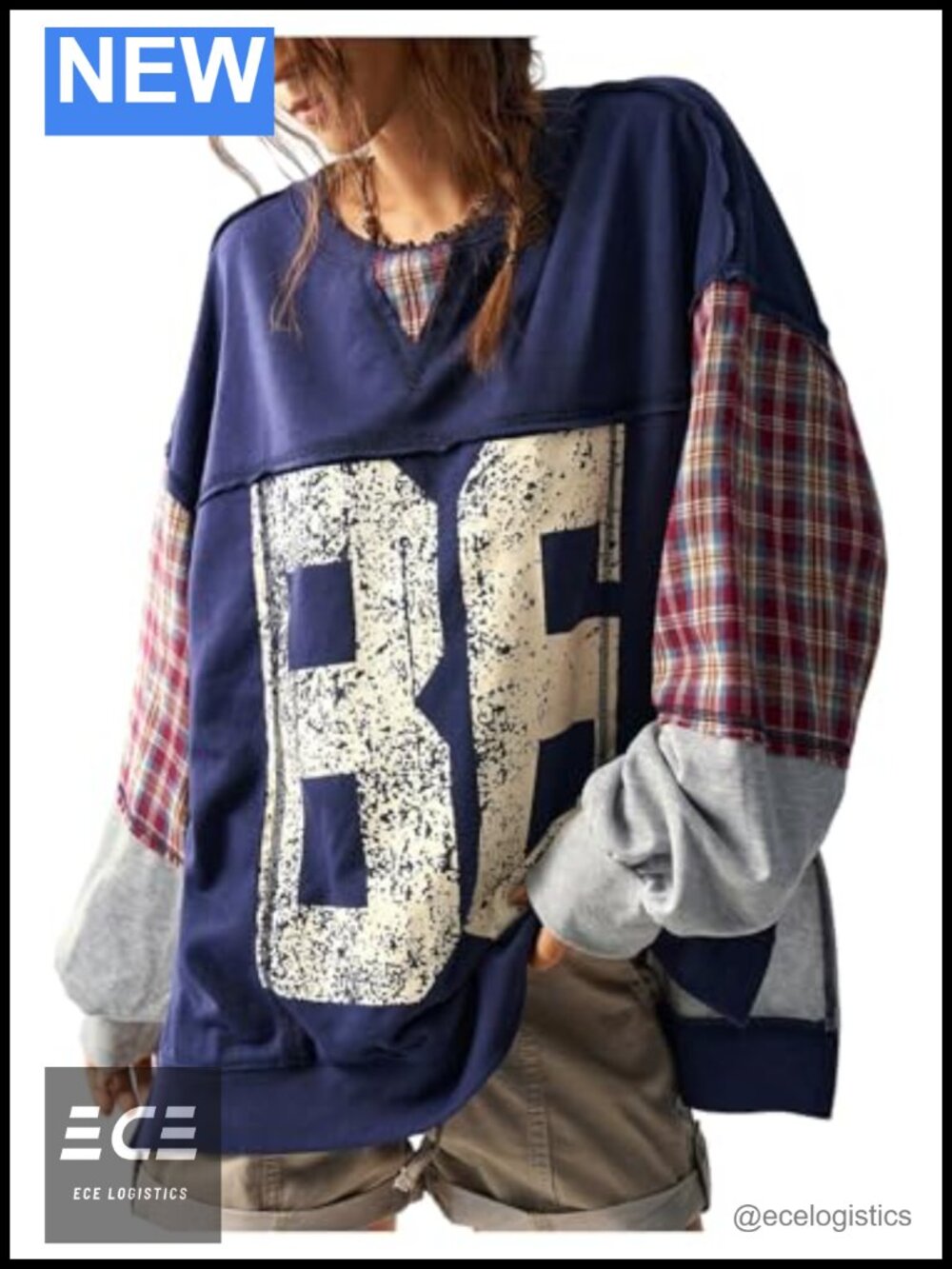 Women's Graphic Print Plaid Patchwork Pullover Sweatshirt Loose Fit Long Sleeve